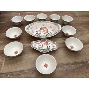 Japanese dishes oval platter, smaller platter, 5 Cups,‎ 5 Bowls